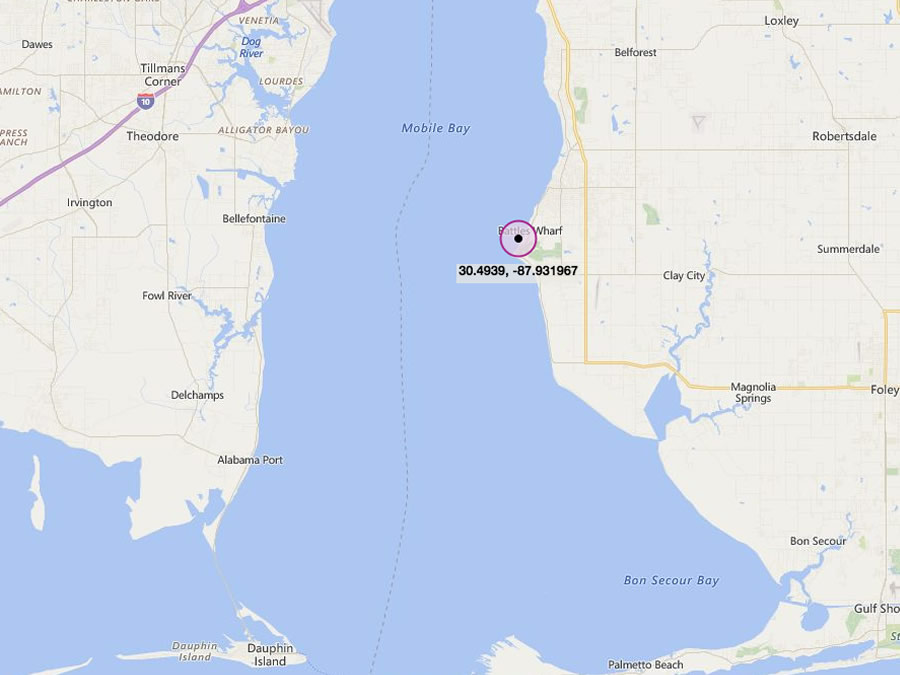 Battles Wharf Reef - Fishing area reef in Mobile Bay located close to the Eastern shore bank in the Fairhope area a little North of Point Clear. This reef has recently been enhanced with 4,303 cubic yards (5,551 tons) of gabion stone (2014-2016) by AMRD (Alabama Marine Resources Division).