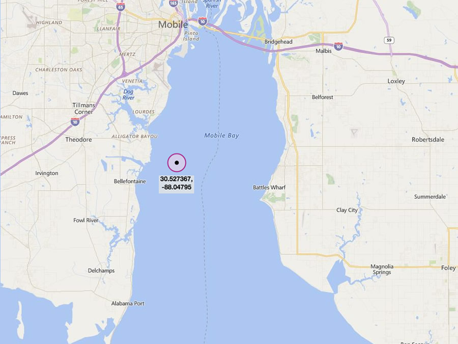 Bender Austal Reef - Fishing reef area in Mobile Bay located right to the North of Gaillard Island. This reef has recently been enhanced with 3,671 cubic yards (4,735 tons) of gabion stone (2014-2016) by AMRD (Alabama Marine Resources Division).