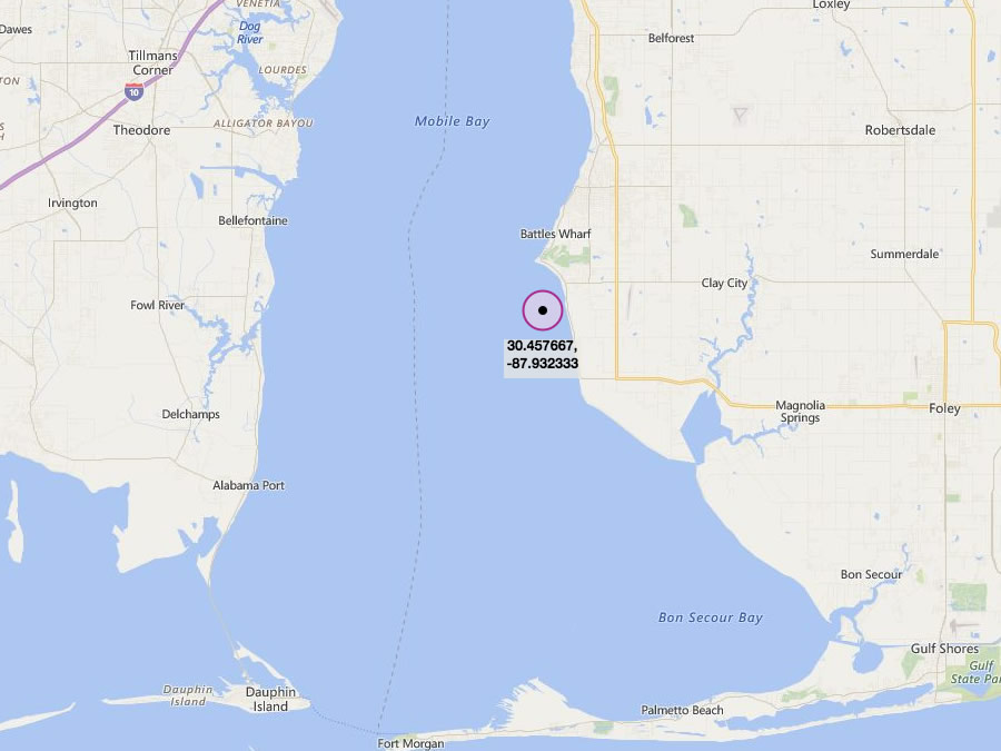 P Grey Cane Jr Reef - Artificial reef in Mobile Bay located close to the Eastern shore bank a little South of Fairhope. This reef has recently been enhanced with 7,188 cubic yards (9,272 tons) of gabion stone (2014-2016) by AMRD (Alabama Marine Resources Division).